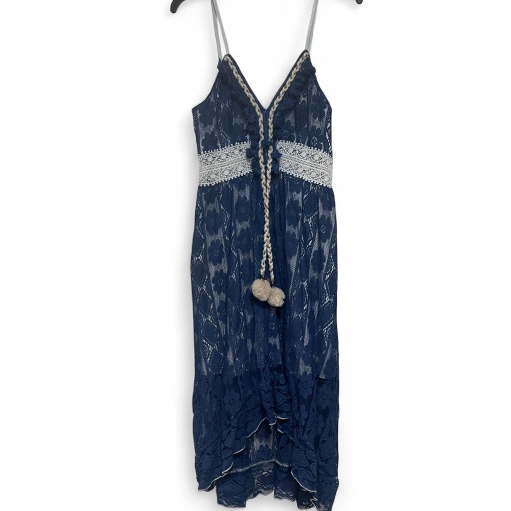 Boho Blue Lace Midi Dress Pom Pom Tie Cottagecore Festival, fits women’s M/L